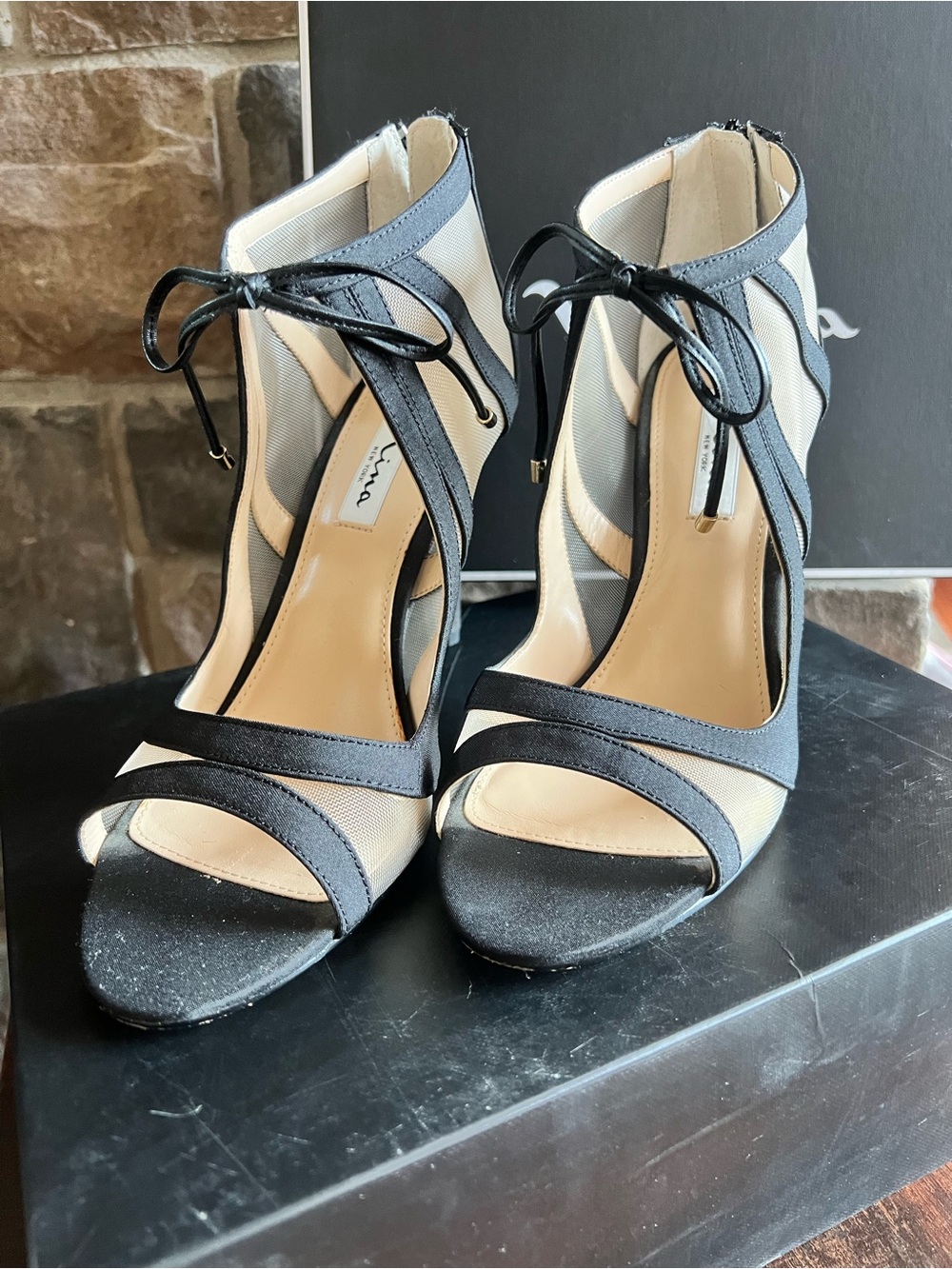 Stylish Black and net Lace-Up High Heel Sandals
